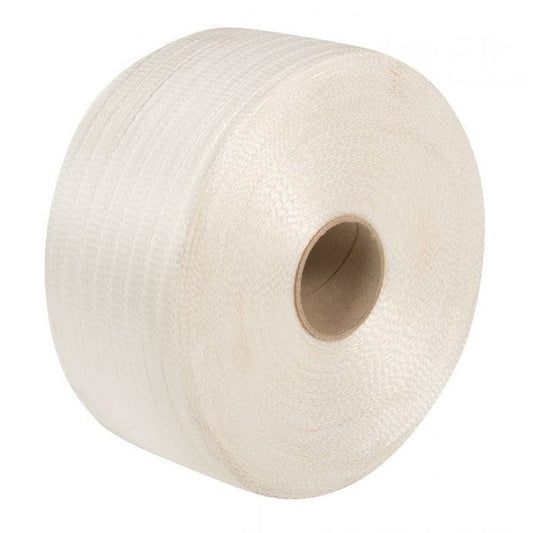 Woven Cord Polyester Smooth Hand Strap 16mmx850mtr Cardboard Core 76x139mm 450kg Breaking Strain Whi